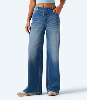 Halara Flex Asymmetric Mid Rise Wide Leg Casual Jeans with Pockets XS petite